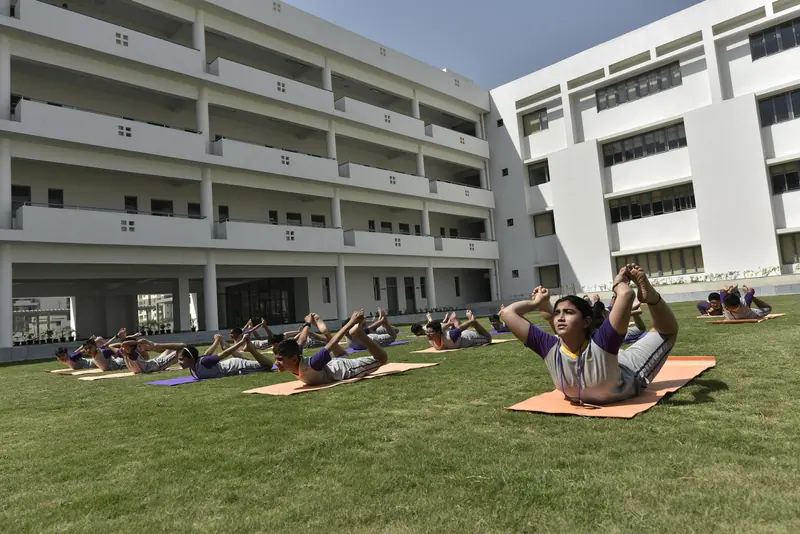 Morning yoga on the lawn at MatriKiran School, Gurugram
